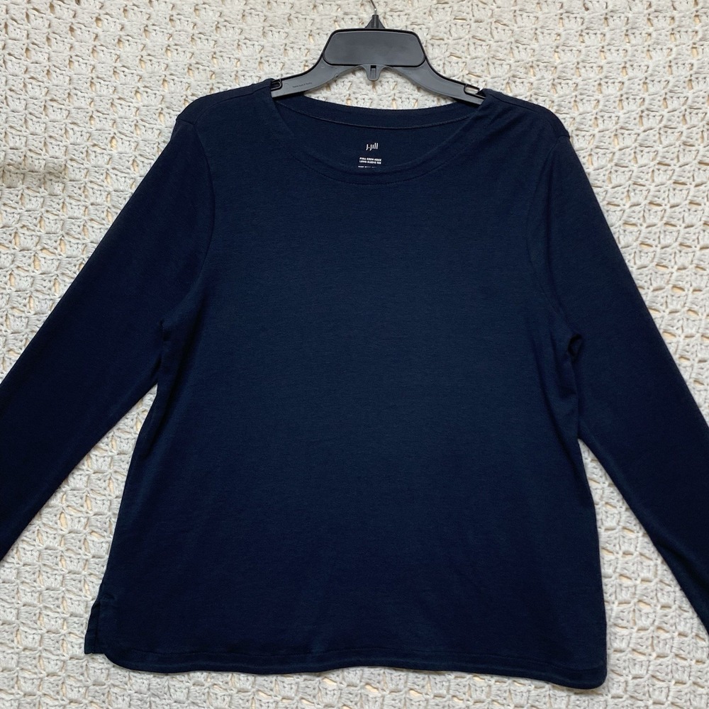 J Jill Top Shirt Women Sz L Petite  Navy Blue Pima Crew Neck Comfort Long Sleeve - Picture 2 of 8